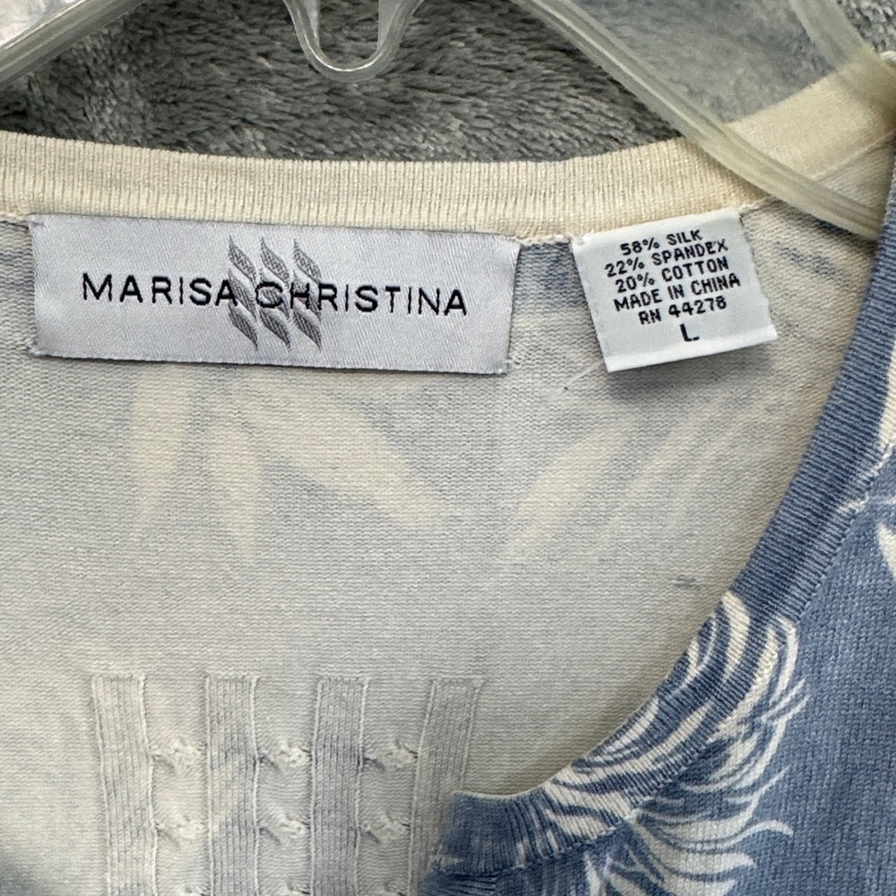 Marisa Christina Lg Blue Floral Embroidered Button-Front Top embellished silk bl - Picture 2 of 9